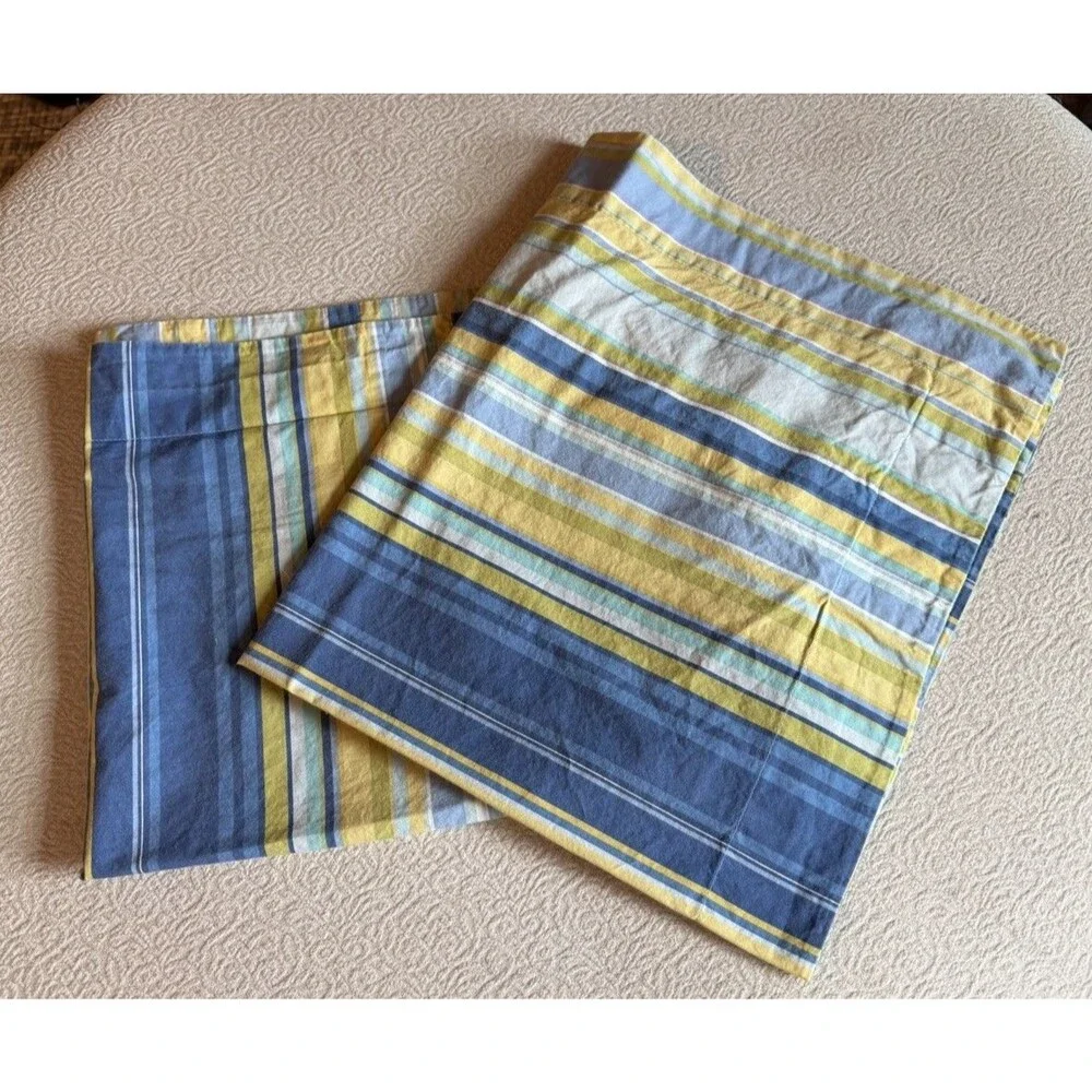 Pottery Barn Striped  Sham Pillow Cover Blue Yellow Cotton Standard Set Of 2